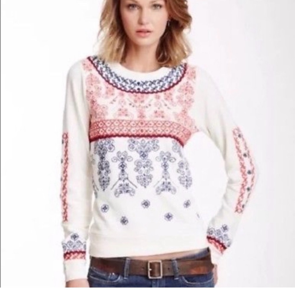 Lucky Lotus Embroidered Red White and Blue Beachy Pullover Sweatshirt